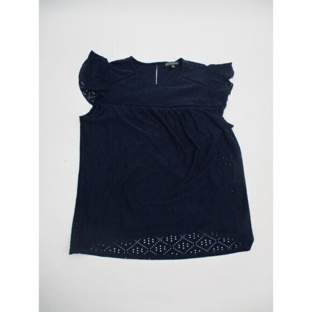 Adrianna Papell Womens Top Medium Blue Short Sleeves Casual Preppy Ruffle Eyelet